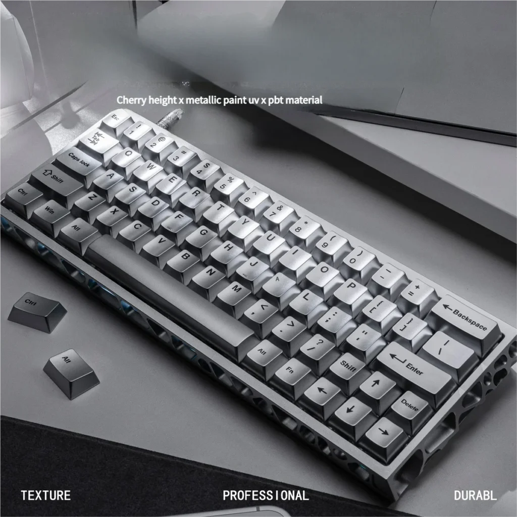 Full Metallic Silver PBT Keycap Set on a mechanical keyboard, showcasing sleek design