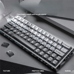 Full Metallic Silver PBT Keycap Set on a mechanical keyboard, showcasing sleek design