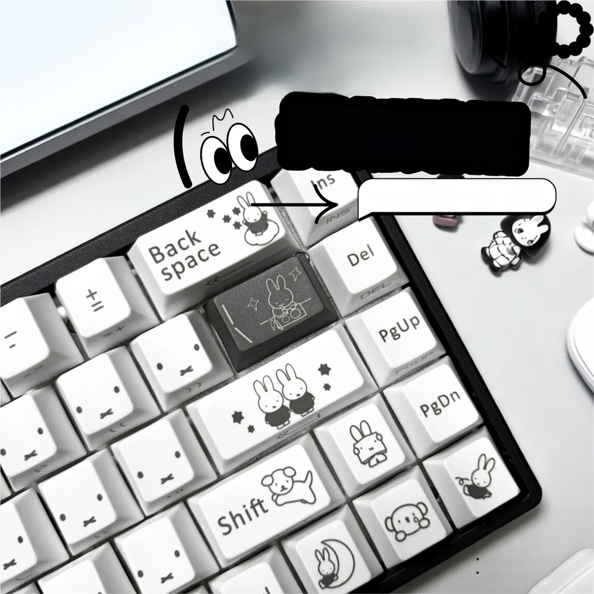 Close-up of Miffy keycaps showing dye-sublimated legends and PBT texture