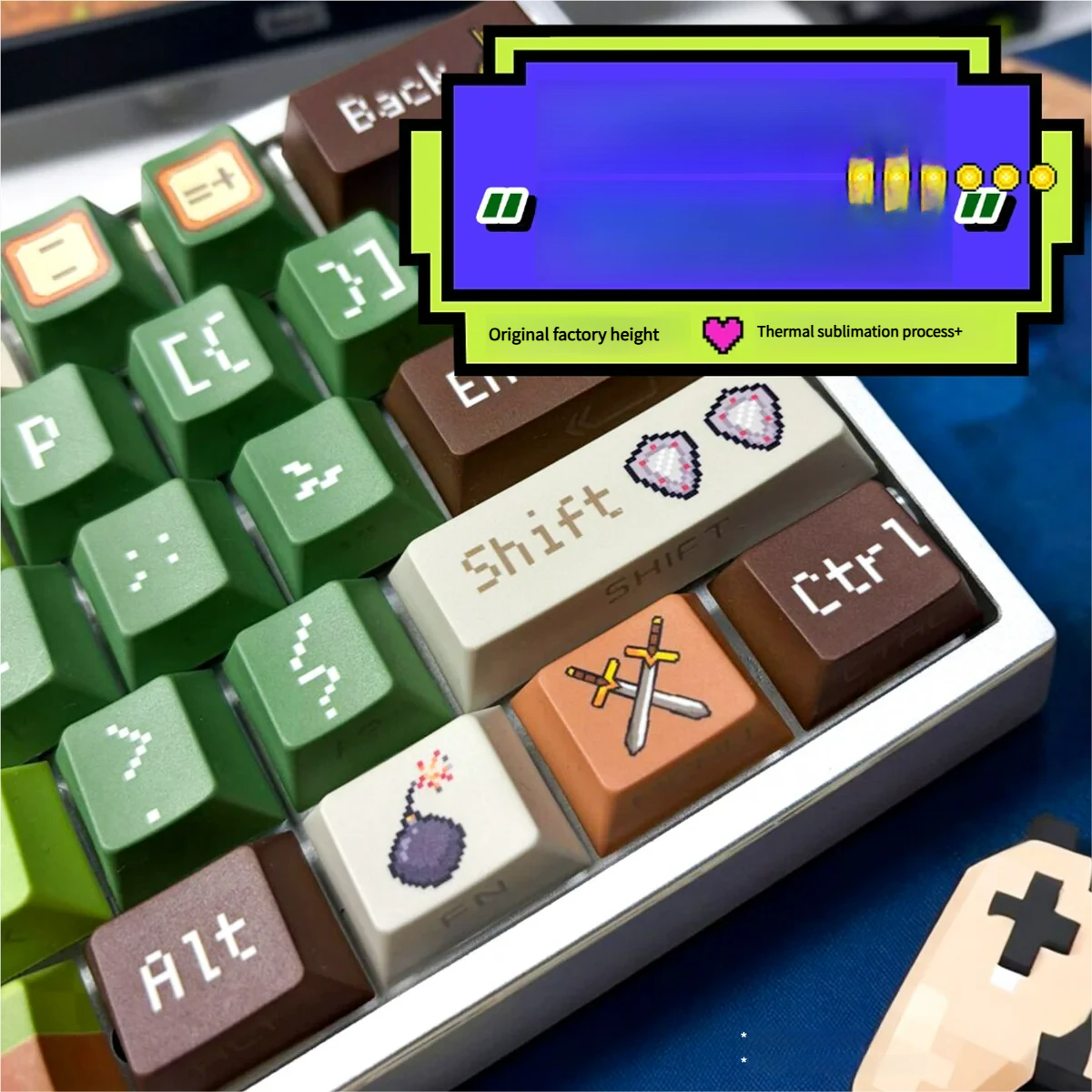 Full layout of Minecraft keycap set showcasing iconic game characters and blocks