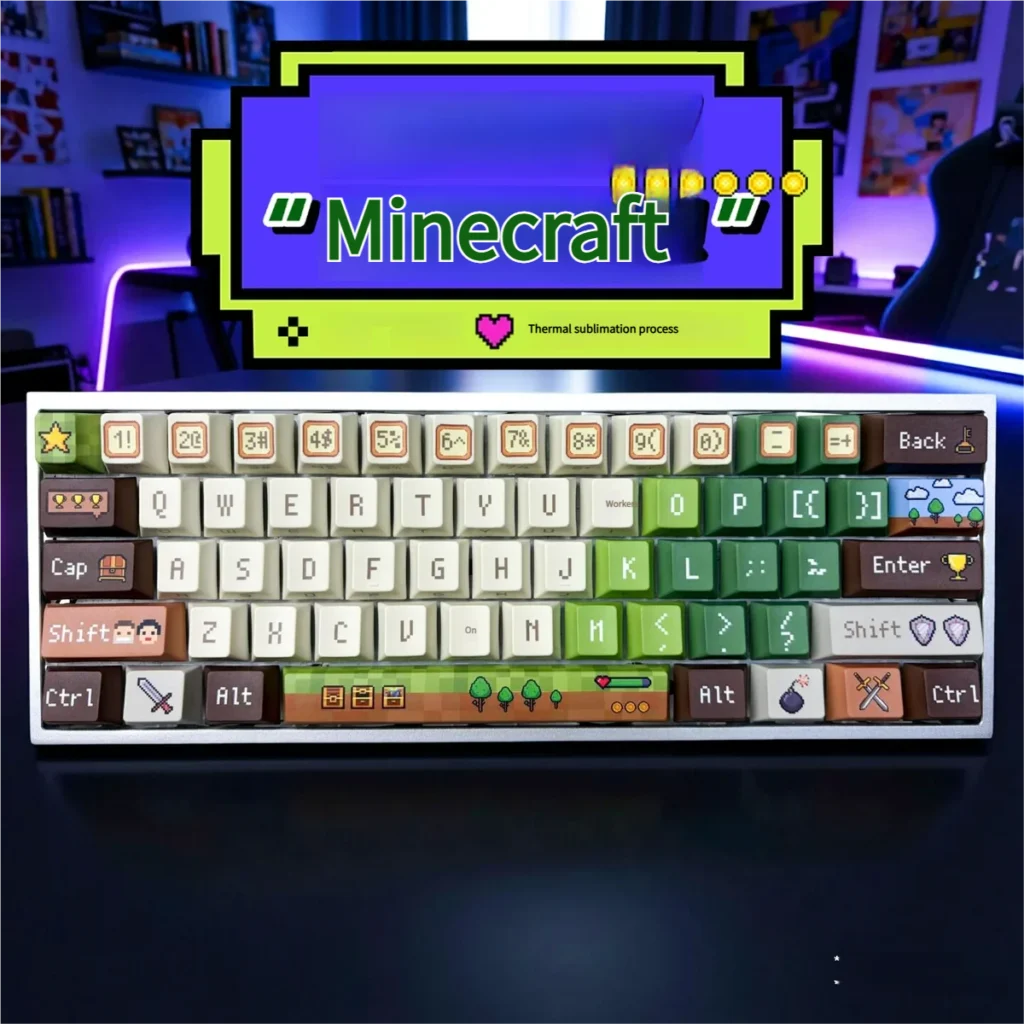Minecraft PBT Keycap Set featuring vibrant pixel art on a mechanical keyboard