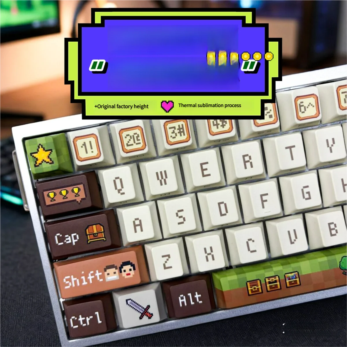 Close-up of Minecraft themed PBT keycaps with Cherry profile and crisp pixel designs