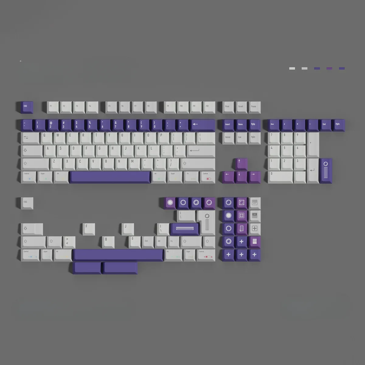 Retro Camera keycaps showcasing muted grey and purple colors
