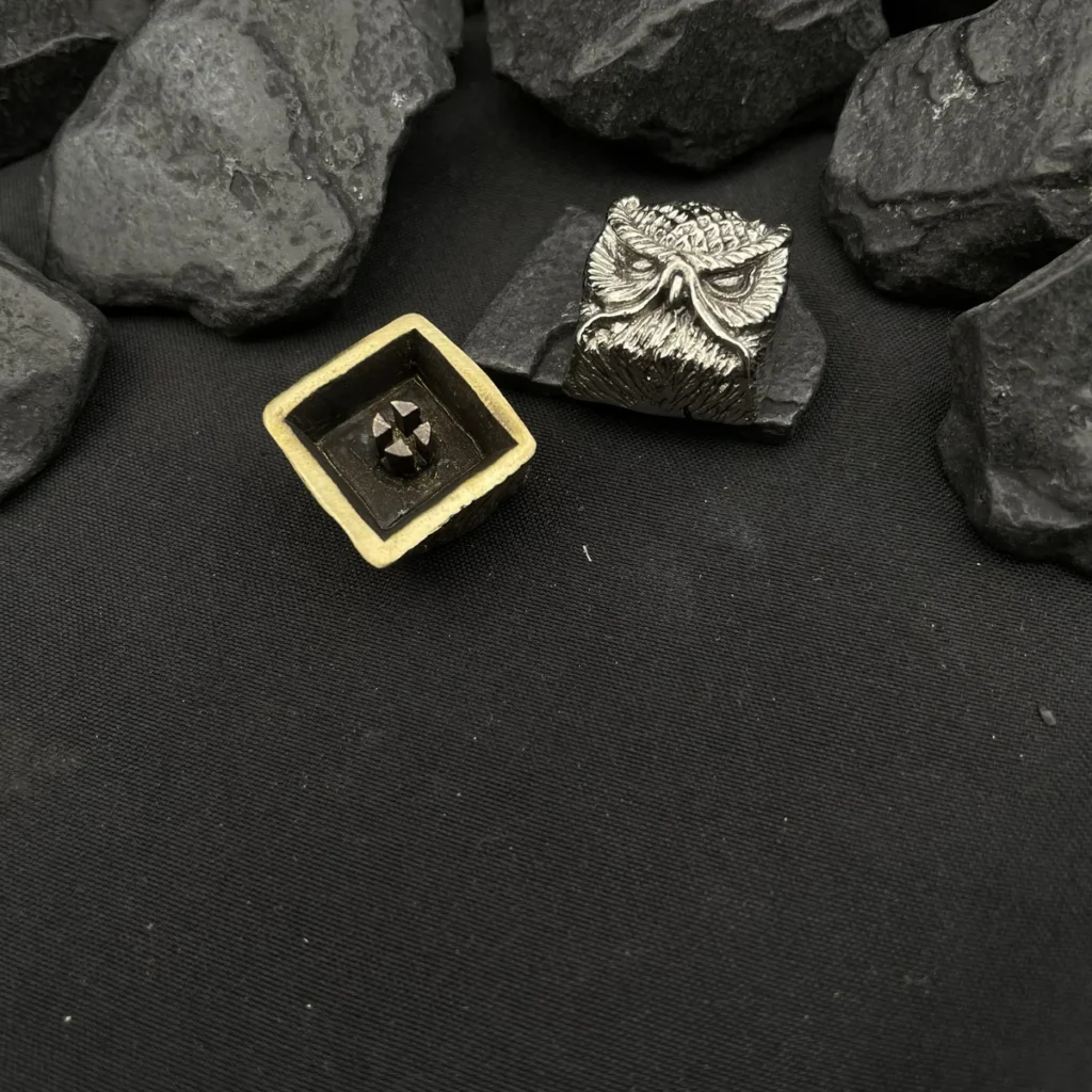 Mystical Owl Copper Keycap mounted on a mechanical keyboard, enhancing a fantasy-themed setup.
