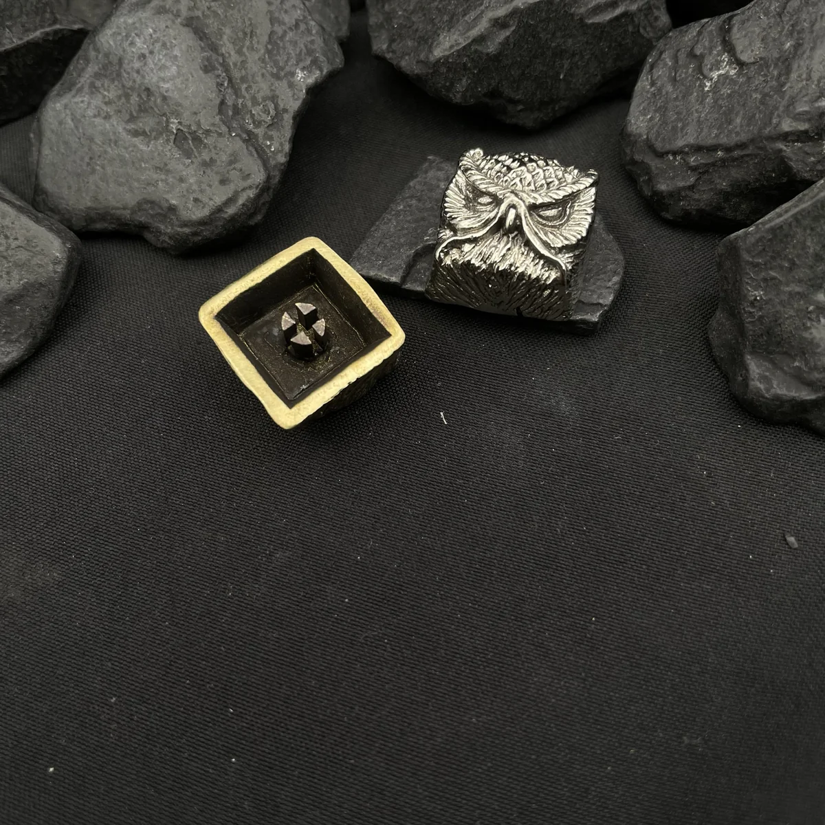 Mystical Owl Copper Keycap mounted on a mechanical keyboard, enhancing a fantasy-themed setup.