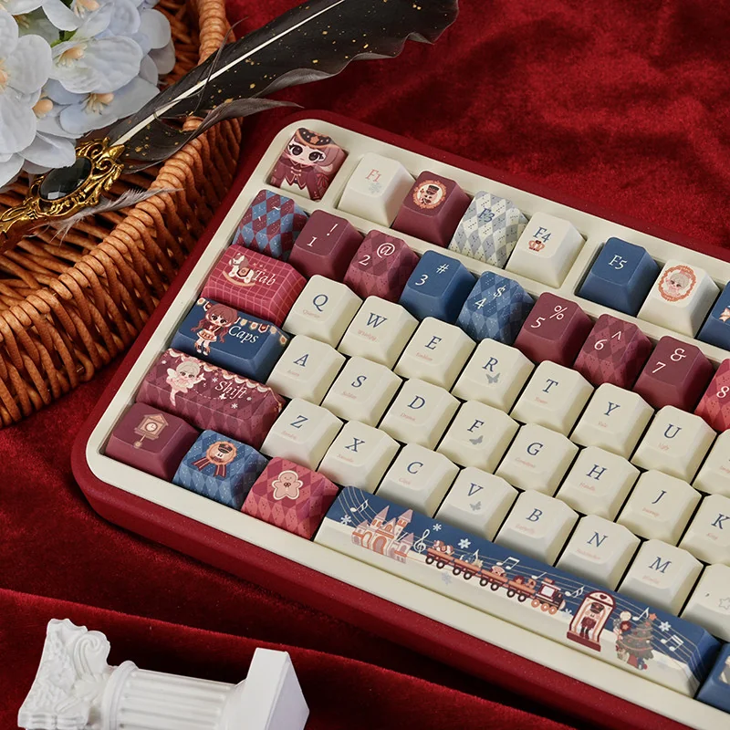 Angled view of Whimsical Nutcracker keycaps showcasing PBT dye-sublimation quality