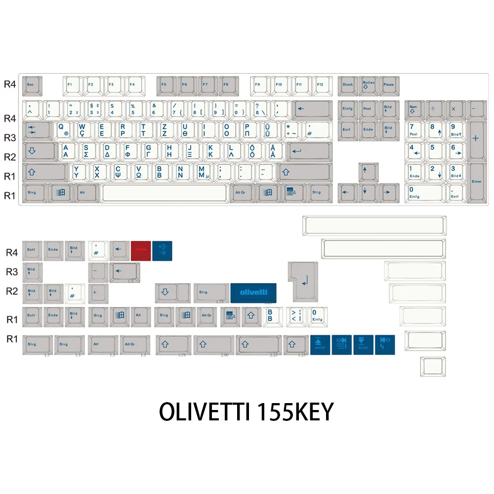 Full layout view of the 155-key Olivetti PBT set, demonstrating comprehensive compatibility for various keyboard sizes.