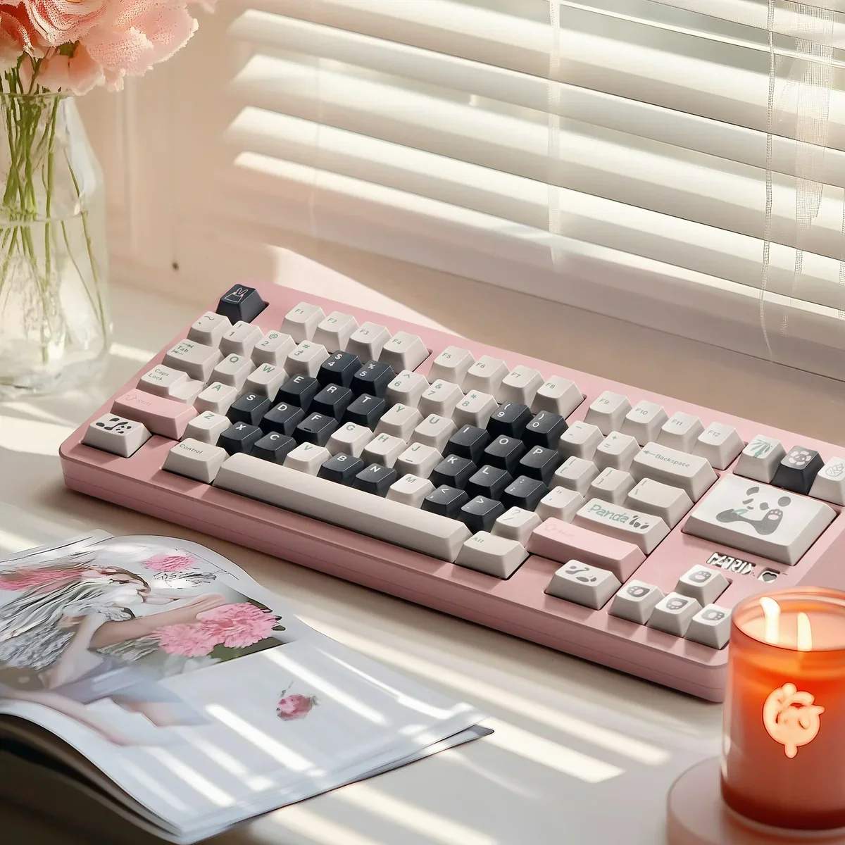 Close-up of Panda PBT keycaps showing dye-sublimated legends and texture