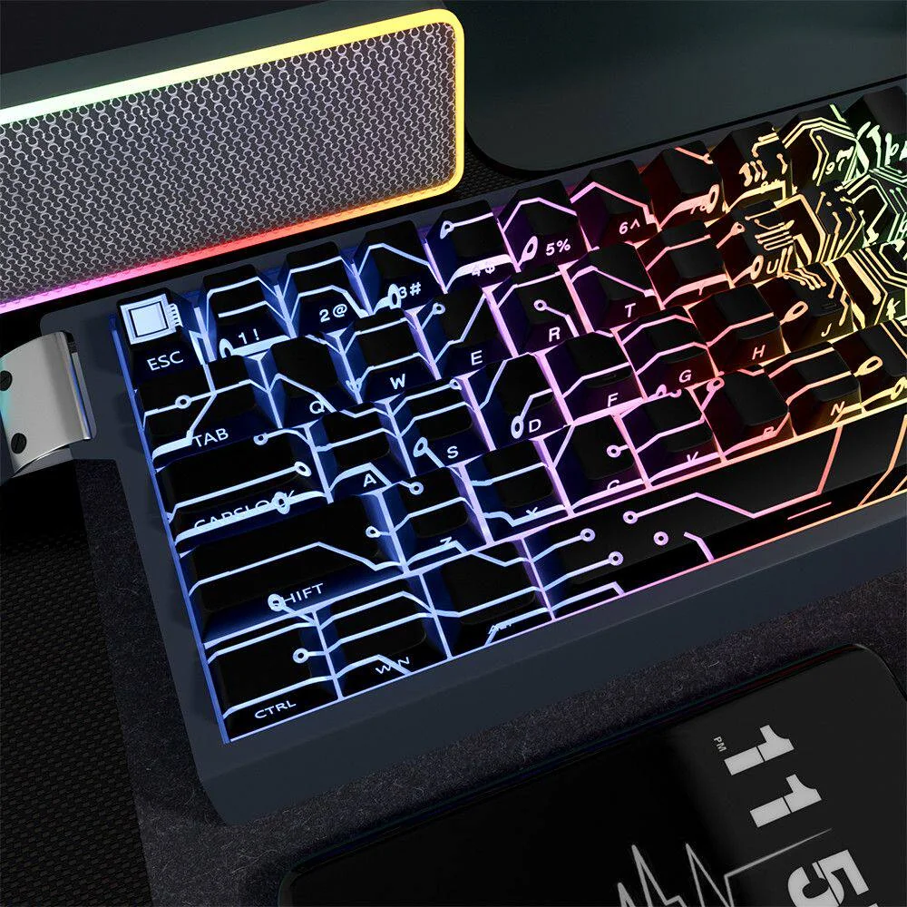 Side view of PBT Microchip keycaps highlighting translucent side legends