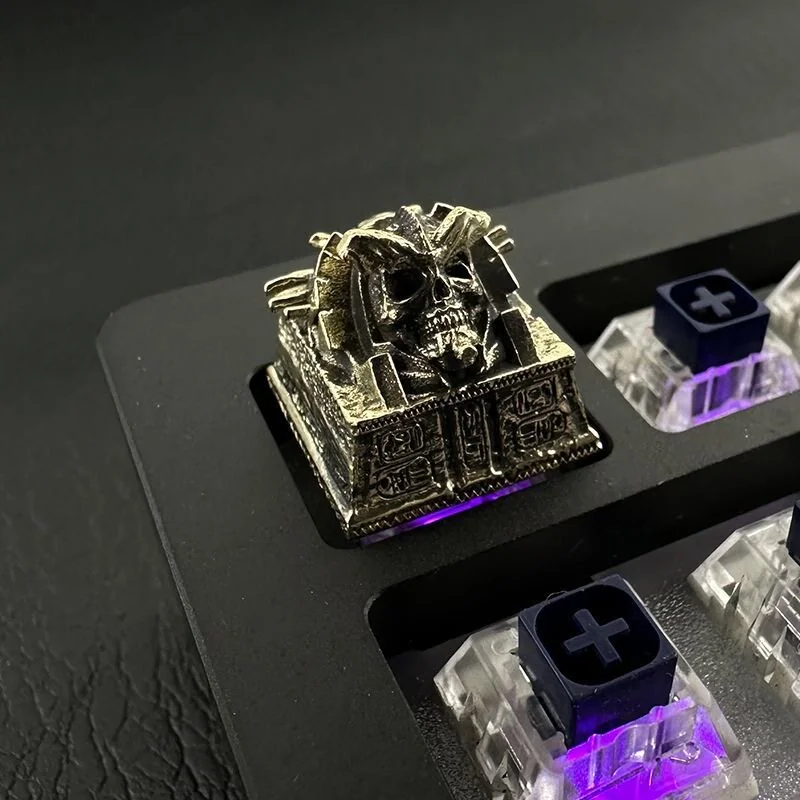 Pharaoh Punk Skull Keycaps Handcrafted copper installed on a mechanical keyboard setup