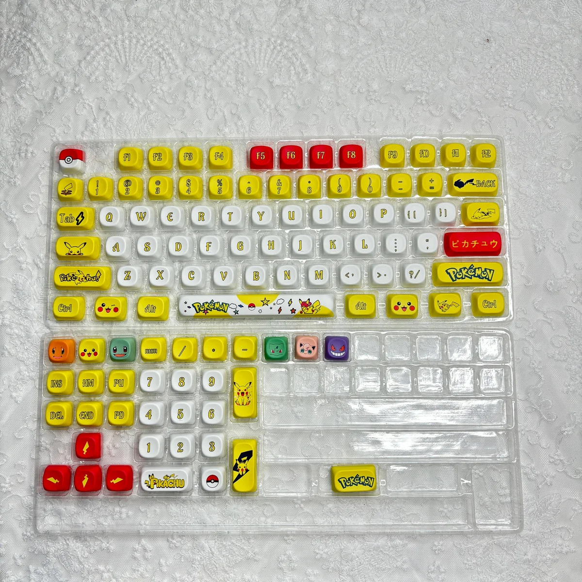 Ergonomic view of MOA profile Pikachu keycaps in use