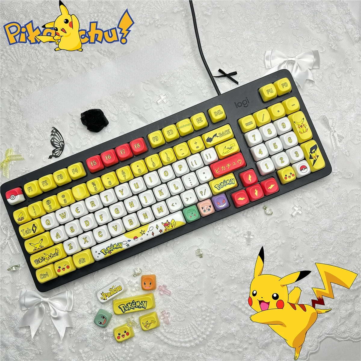 Pikachu MOA keycaps from a side angle showing uniform profile