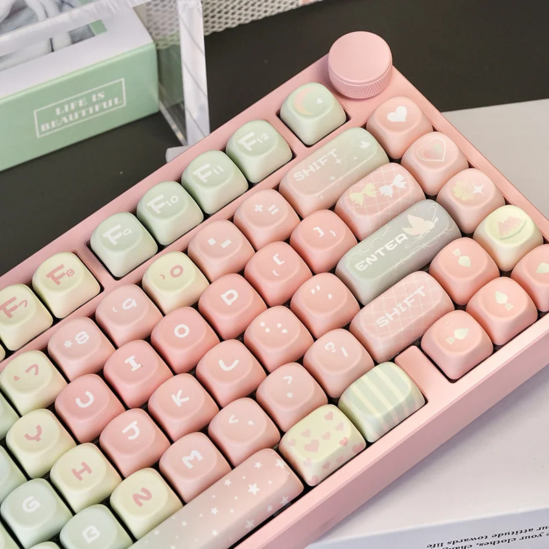 Close-up view of Pink Gradient MOA keycaps showing PBT dye-sublimation