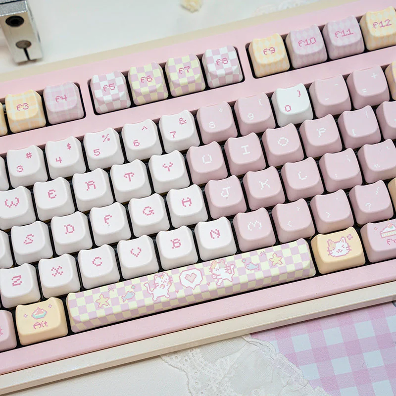 Overhead view of the full Pixel Cat Keycap Set, arranged to show all 132 keys and compatibility.