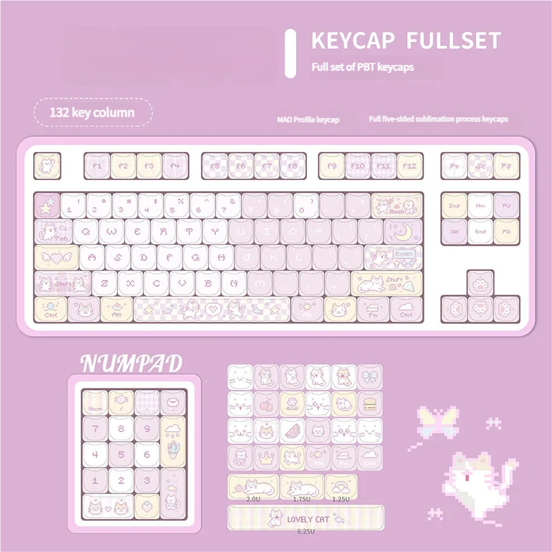 Side profile of Pixel Cat keycaps, showing the MAO profile and ergonomic shape.