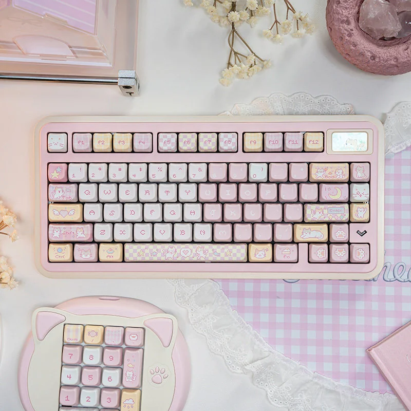 Pixel Cat PBT Keycap Set on a mechanical keyboard, showcasing adorable pixel art cats in pink hues.