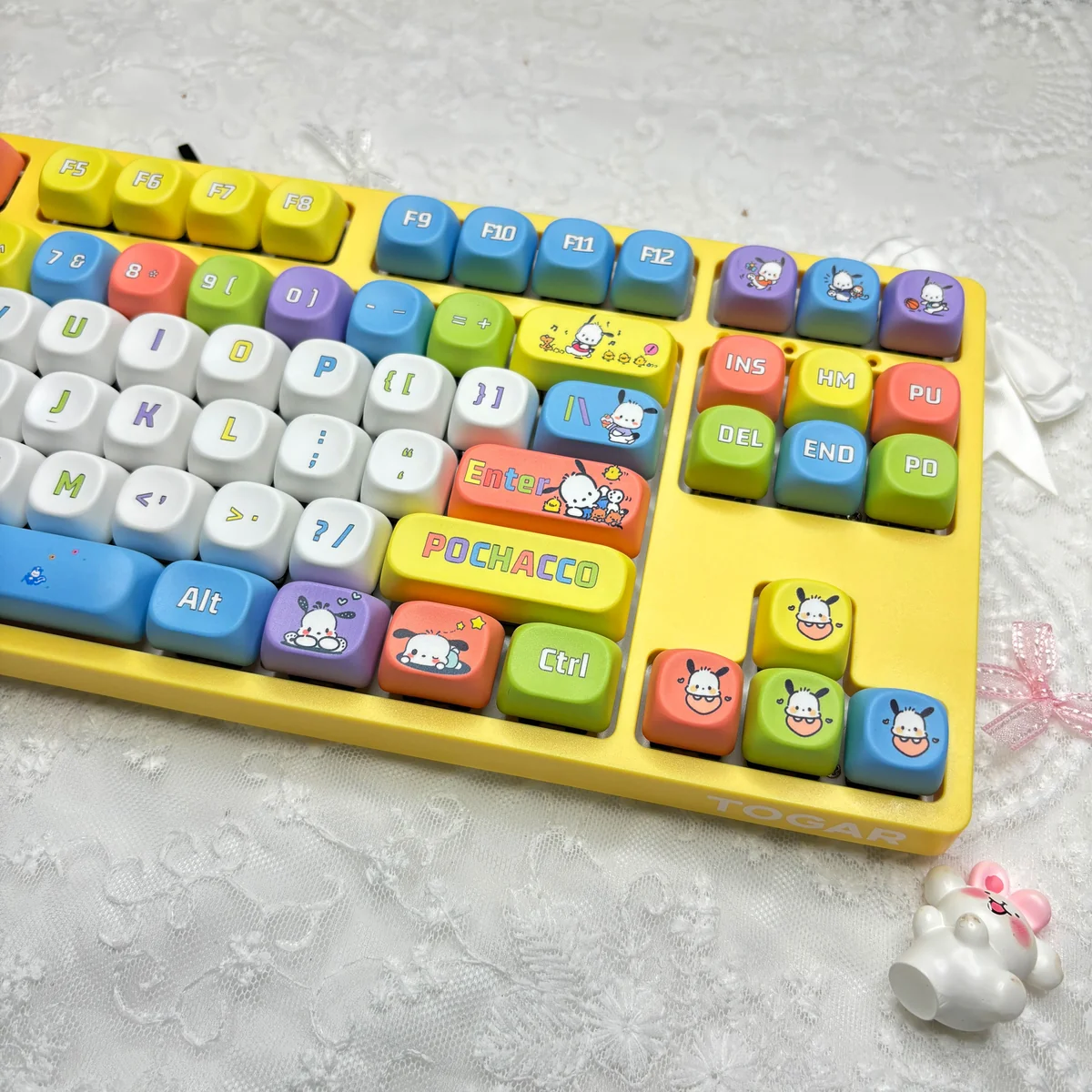 Close-up view of Pochacco keycaps, highlighting dye-sublimated legends and PBT texture.