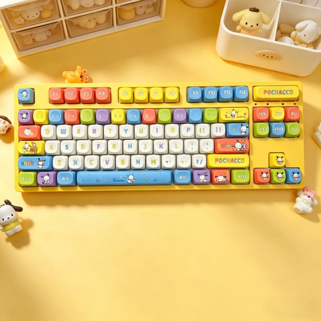 Pochacco Sanrio PBT MOA Keycap Set on a white mechanical keyboard, showcasing playful character designs.