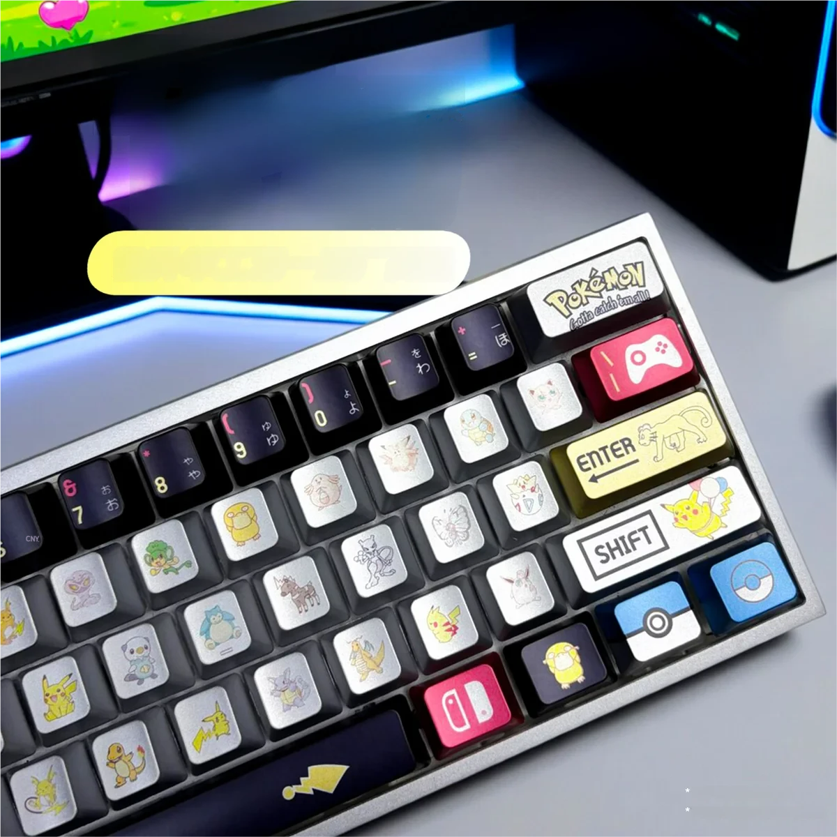 Arrangement of various Pokemon metallic keycaps, displaying the full range of characters and colors.
