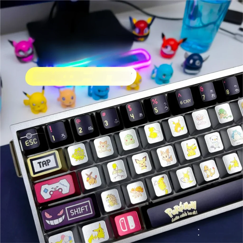Full Pokemon PBT Metallic Keycap Set installed on a mechanical keyboard with vibrant character designs.