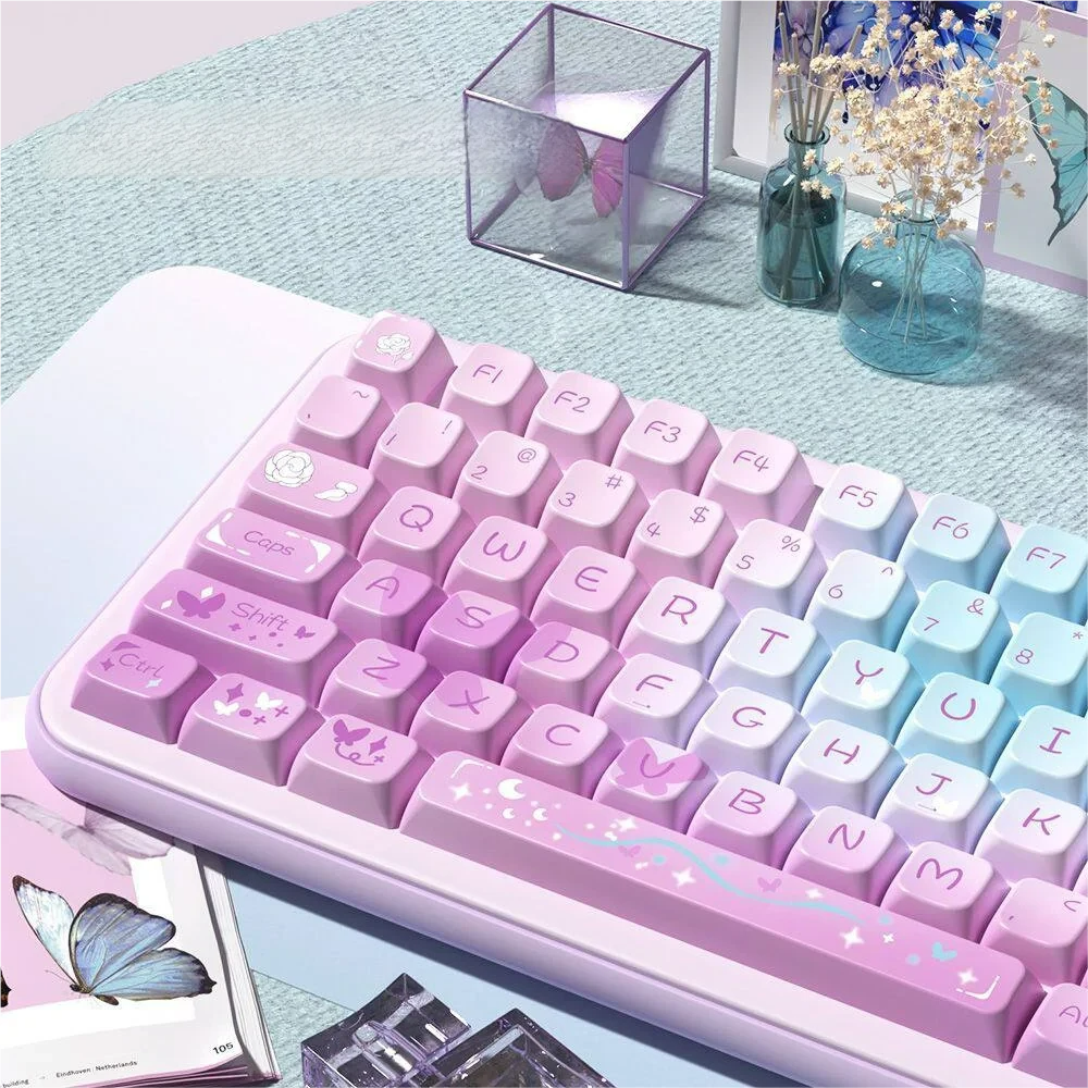 Close-up of a purple butterfly keycap, highlighting vibrant dye-sublimated details and PBT texture