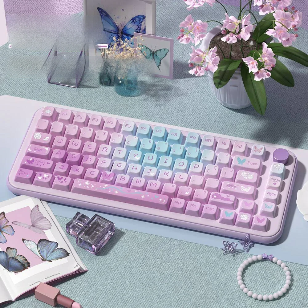 Purple Butterfly PBT Keycap Set with MDA profile on a custom mechanical keyboard, showcasing ethereal design