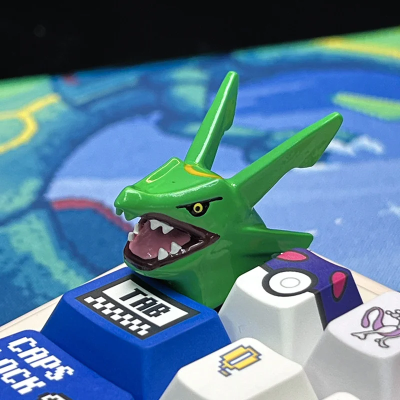 Handcrafted Rayquaza Pokemon artisan keycap on a mechanical keyboard