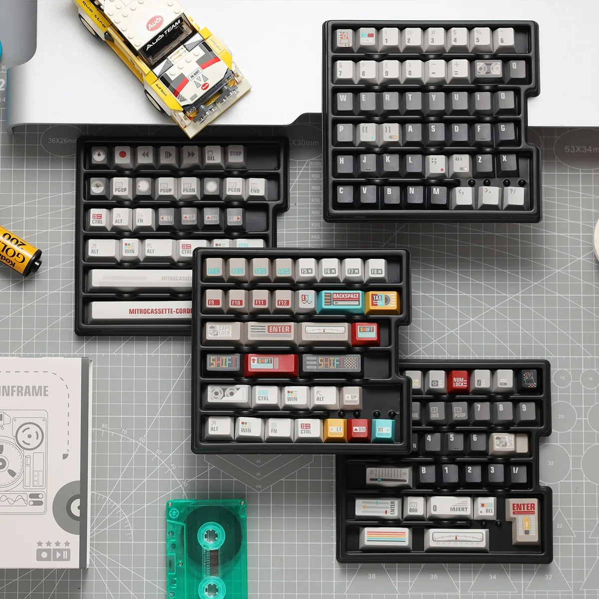 Retro tech aesthetic keyboard setup with keycaps and accessories