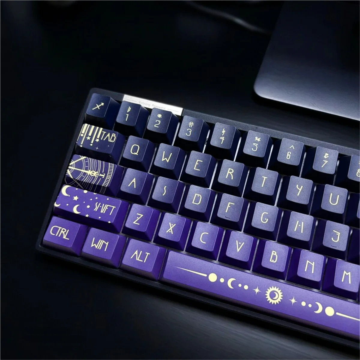 Full keyboard view with Celestial Star Spectrum PBT Keycap Set installed, illuminated by RGB