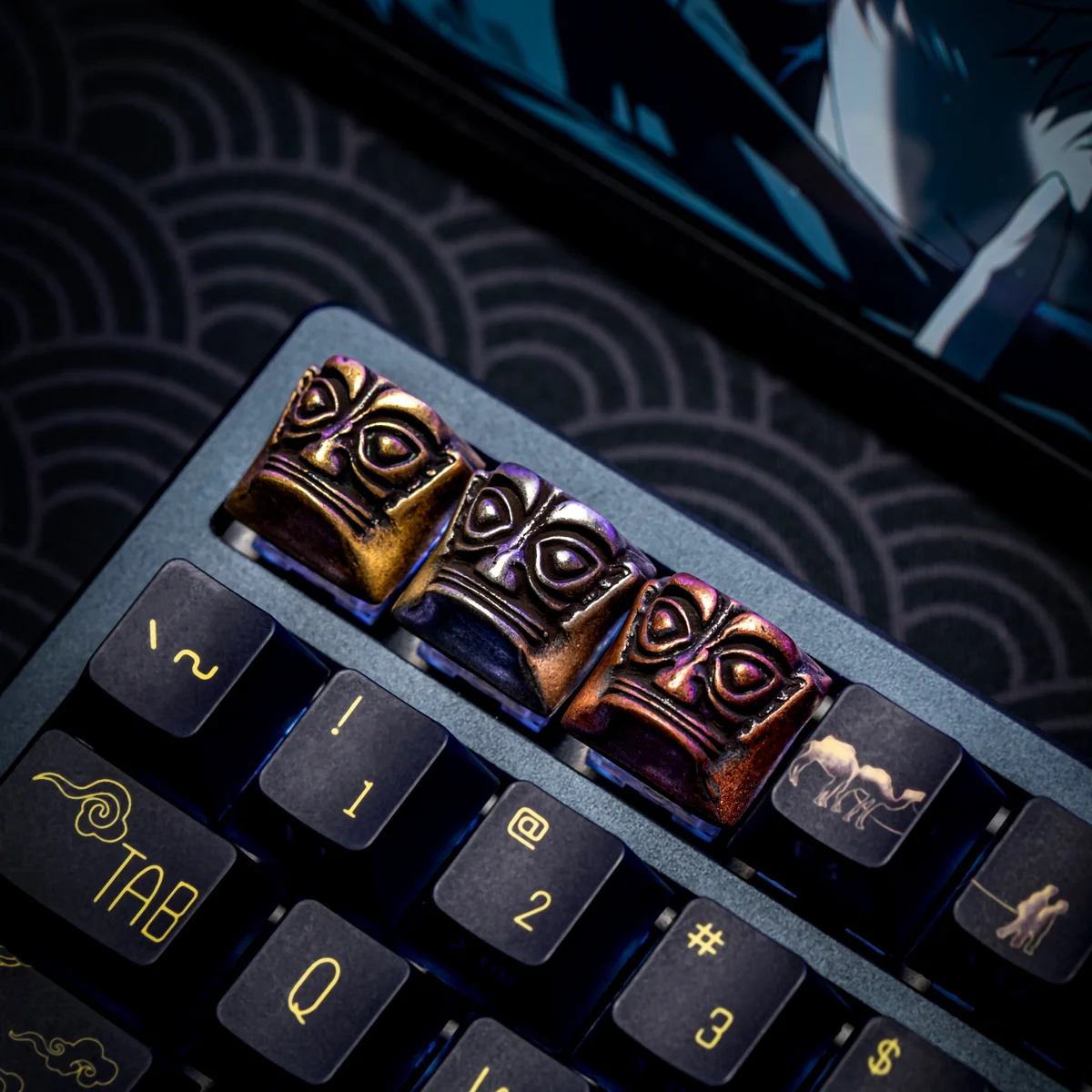 Close-up of handcrafted Sanxingdui keycap made of pure copper, detailed