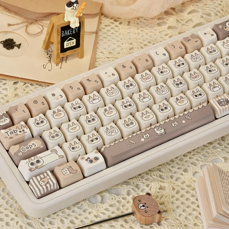 Lifestyle shot of the Siamese Cat Azukisan Keycap Set integrated into a cozy, whimsical desk setup.