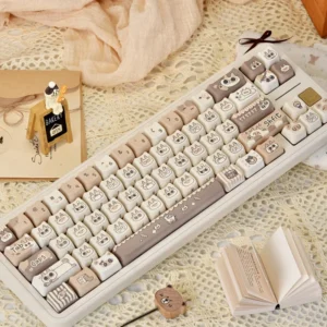 Siamese Cat Azukisan PBT Keycap Set main view on a keyboard, showcasing charming design and warm tones.