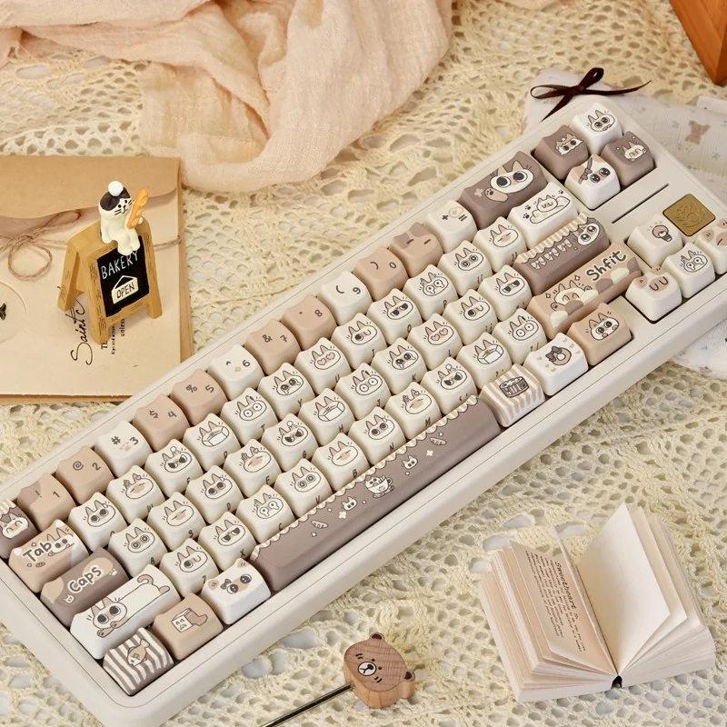 Siamese Cat Azukisan PBT Keycap Set main view on a keyboard, showcasing charming design and warm tones.