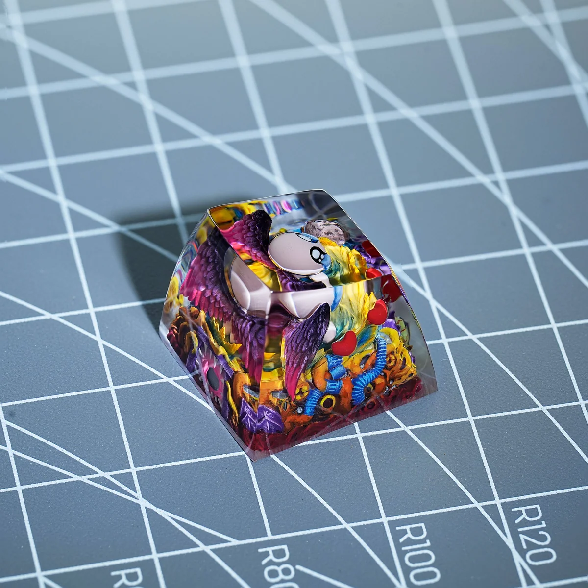 The Binding of Isaac transparent keycap in Galaxy Purple, highlighting its translucent resin and vibrant game-inspired colors.