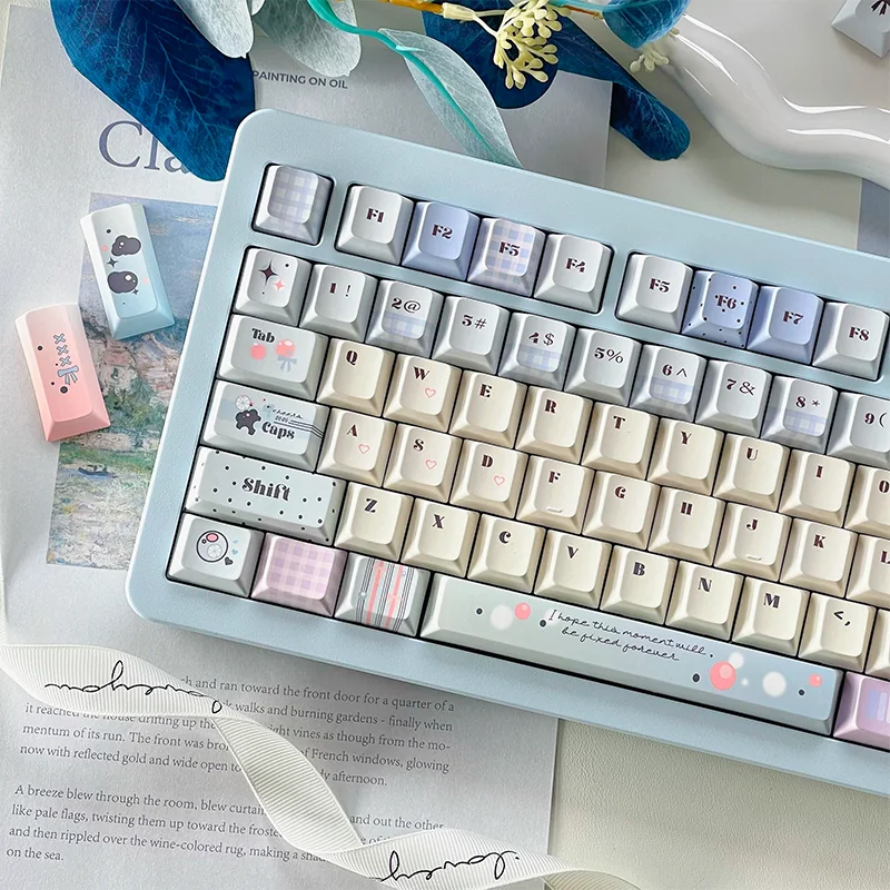 Close-up of Tipsy Bubbles Dye-Sub PBT Keycaps showcasing ethereal patterns