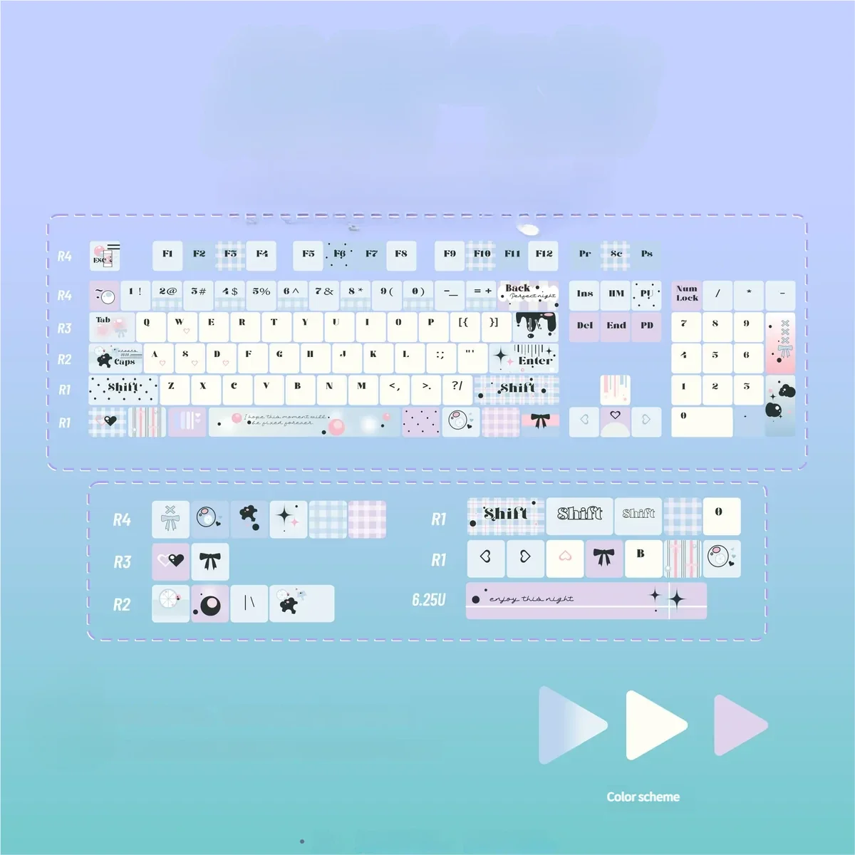 Tipsy Bubbles keycaps in a soft, ambient light setting, emphasizing dreamy colors