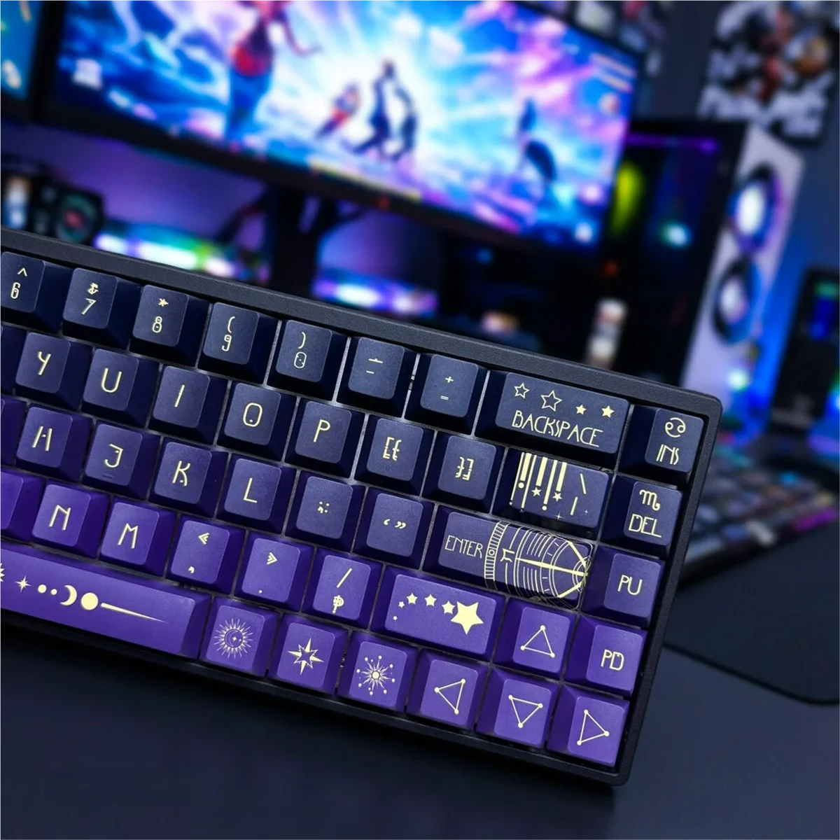 Close-up of Celestial Star Spectrum keycaps showcasing cosmic glow effect