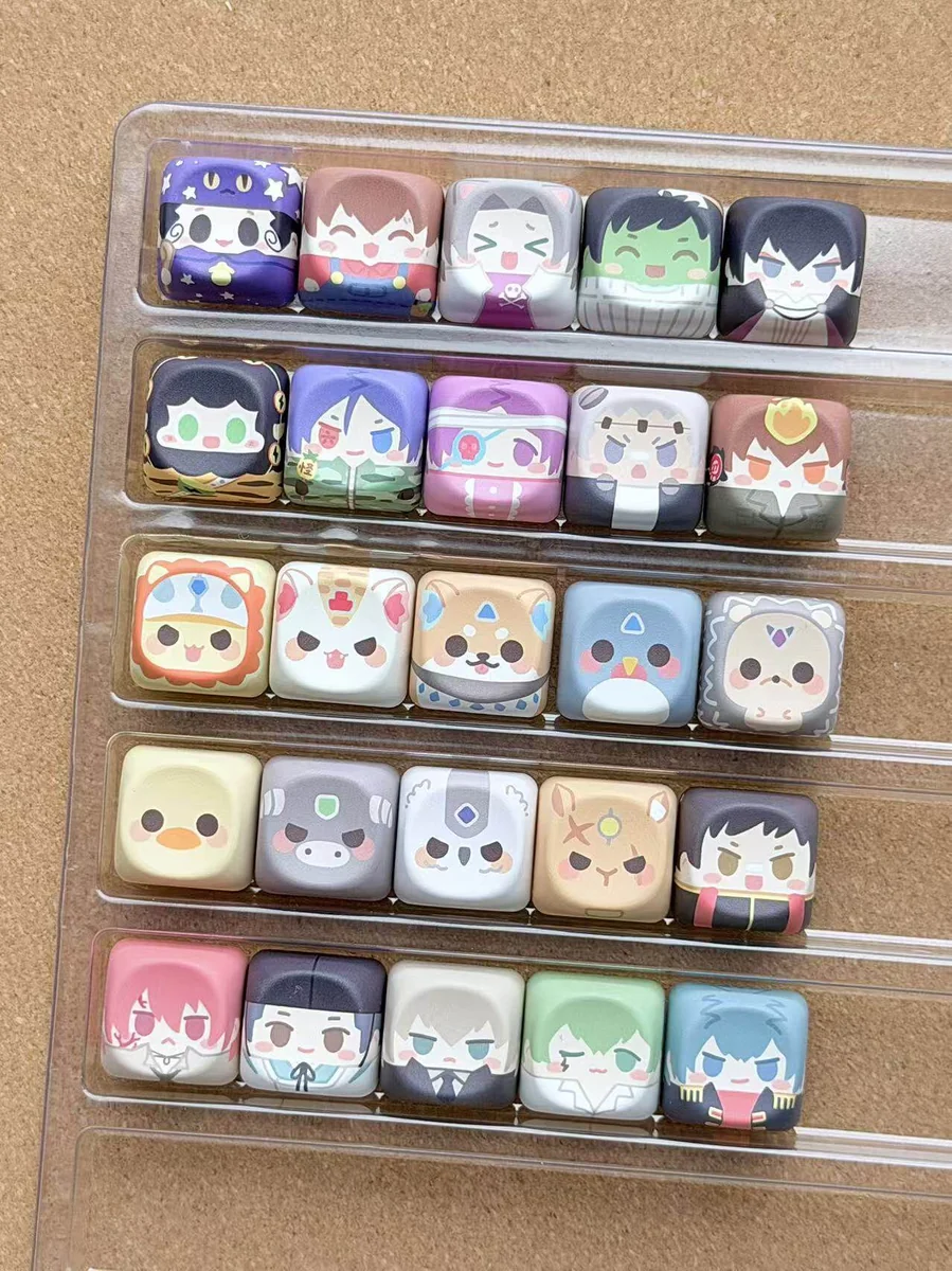Angle view of various Hitman Reborn character keycaps