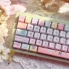 Close-up of Sanrio characters on PBT dye-sub keycaps, vibrant colors