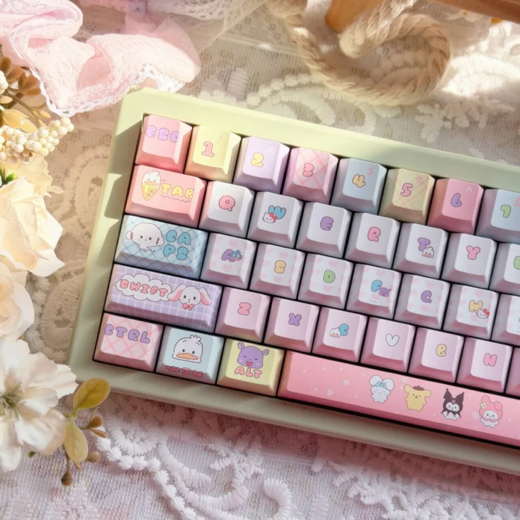 Close-up of Sanrio characters on PBT dye-sub keycaps, vibrant colors