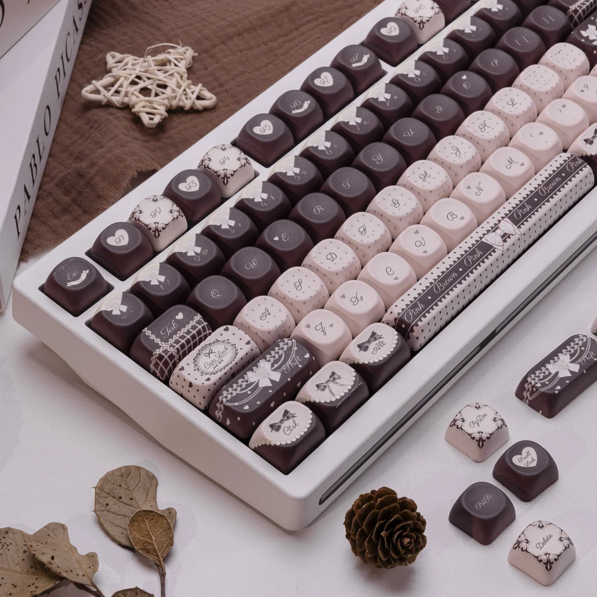 Detail of unique vintage-inspired artistry on keycaps
