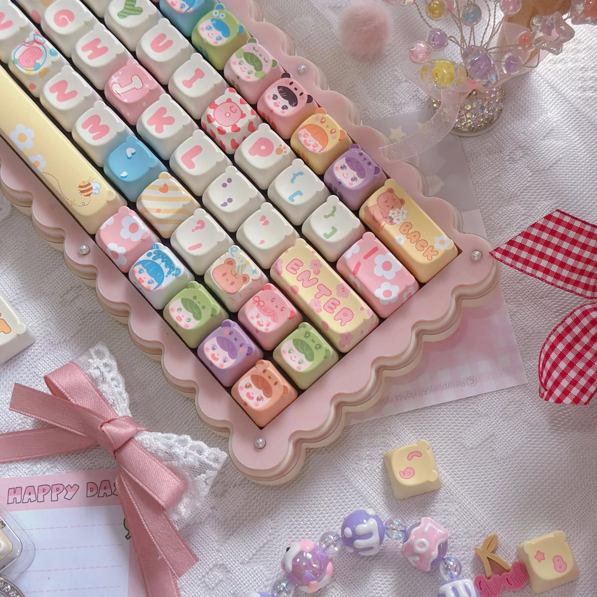 Detail shot of a specific Whimsical Bear Doll keycap, emphasizing the unique character art and vibrant color.