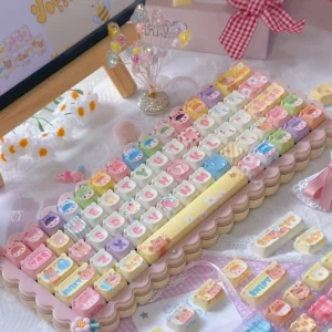 Whimsical Bear Doll PBT MOA Keycap Set on a mechanical keyboard, showcasing adorable bear designs and pastel colors.