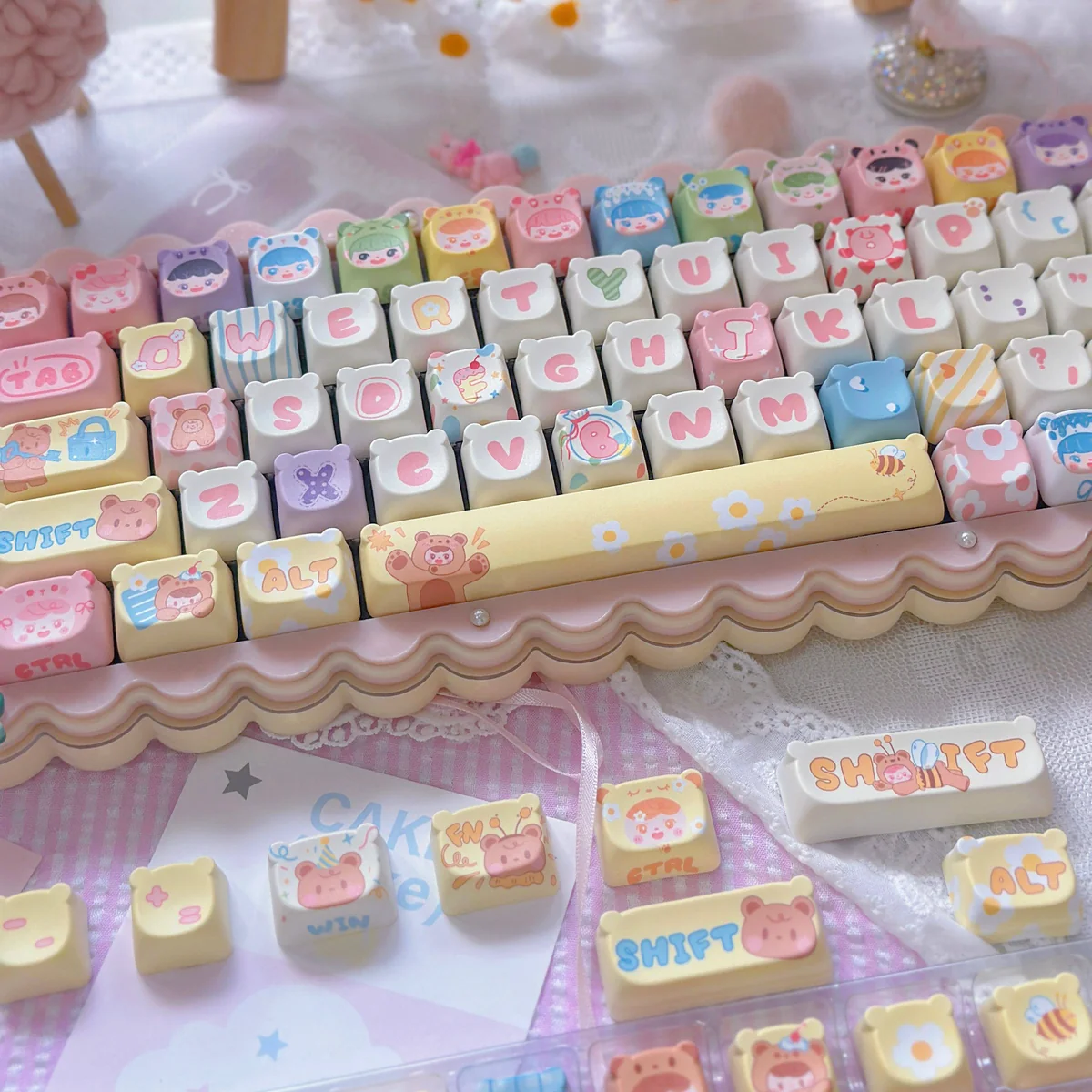 Close-up of Whimsical Bear Doll keycaps, highlighting the crisp dye-sublimated legends and PBT texture.