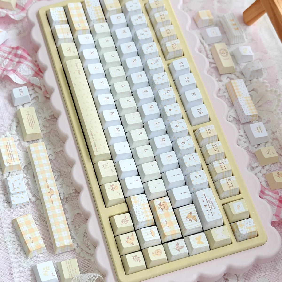 Full layout view of Yellow Rose Garden Keycap Set installed on a white keyboard