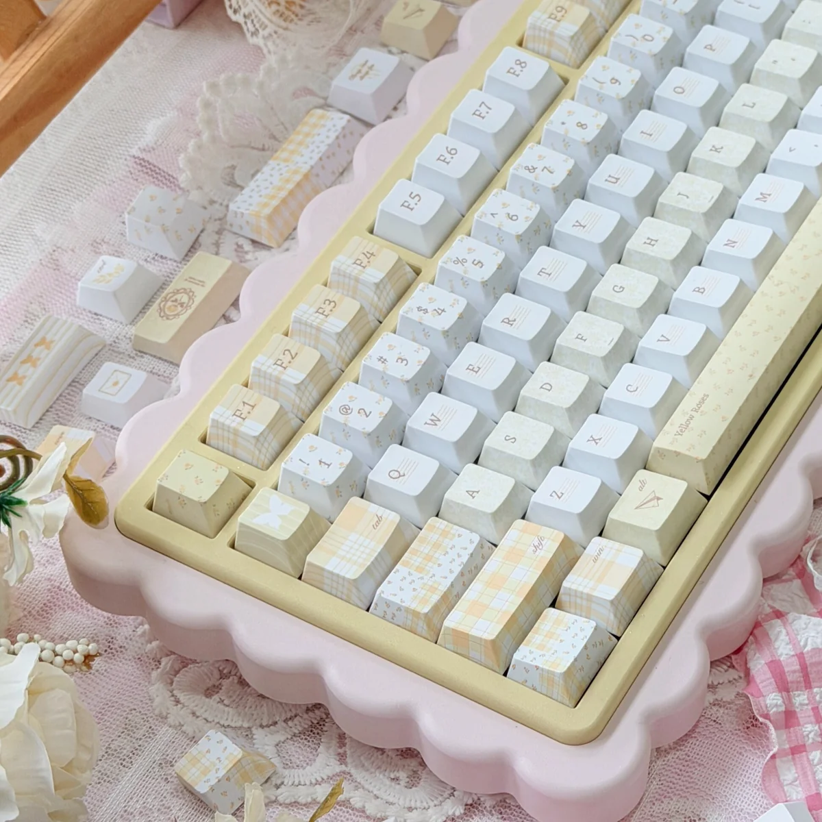 Close-up of Yellow Rose Garden keycaps showing PBT texture and dye-sublimated legends