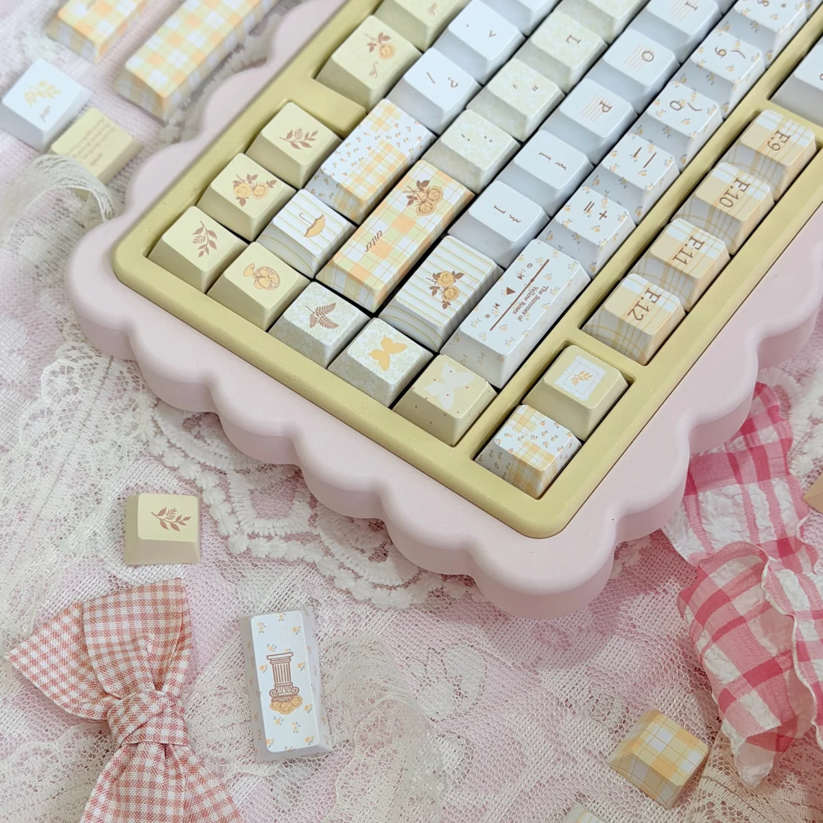 Macro shot of yellow rose design on individual keycap