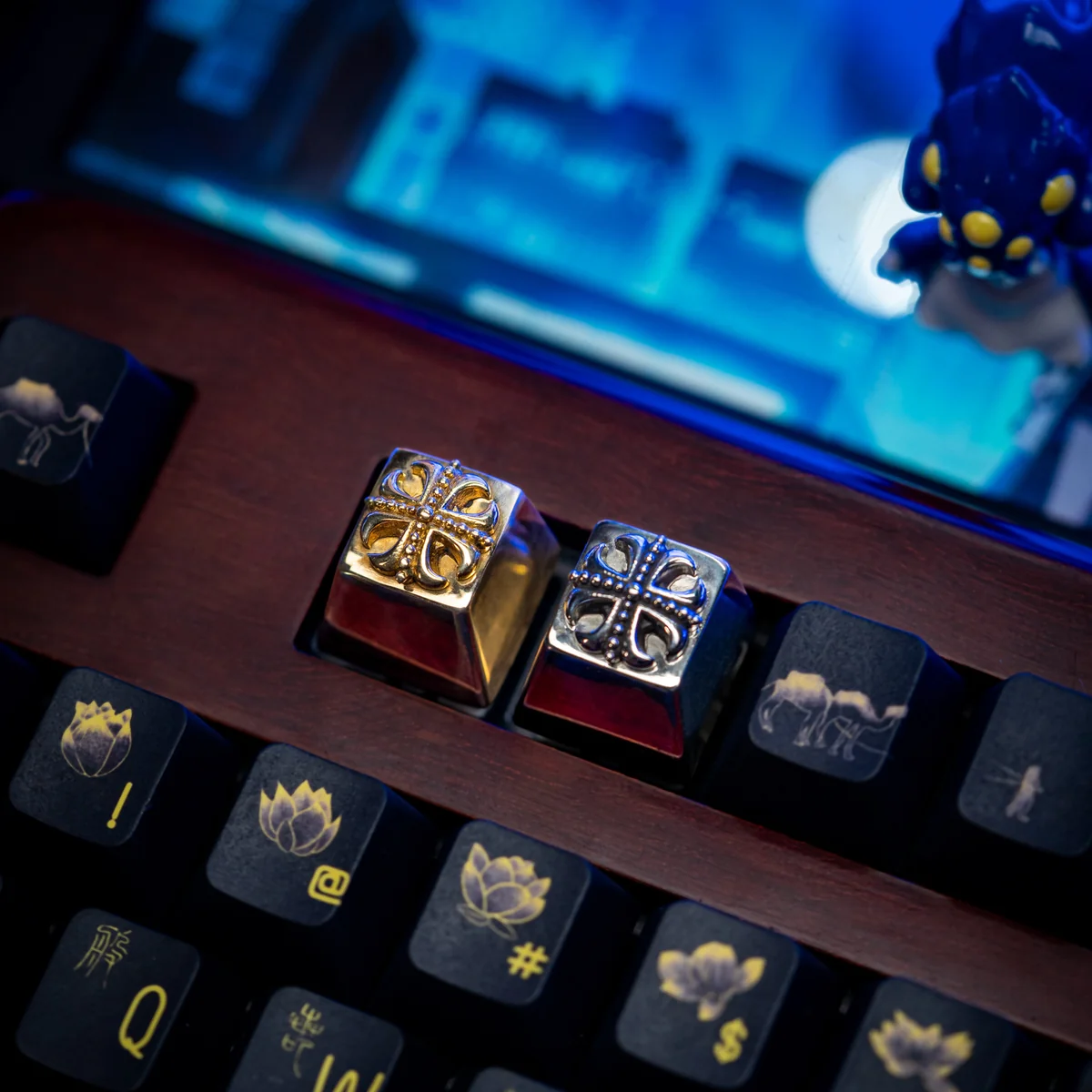 Close-up of intricate Cross design on brass keycap