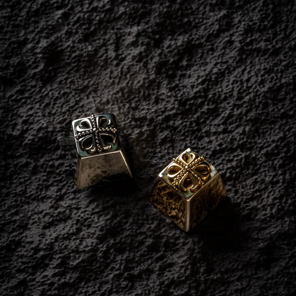 Yu-Gi-Oh! Cross keycap showcasing polished brass finish