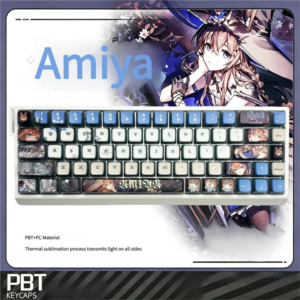 Arknights Amiya Keycap Set on a backlit mechanical keyboard, showcasing vibrant cosmic design